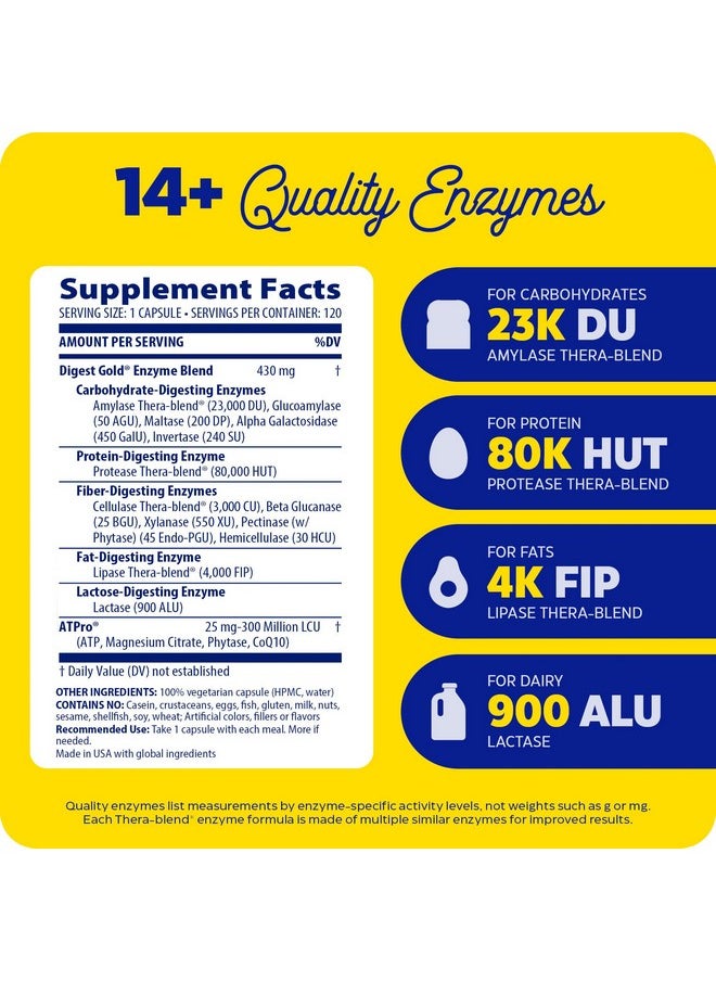 ENZYMEDICA - Enzymedica Digest Gold + ATPro, Maximum Strength Enzyme Formula, Prevents Bloating and Gas, 14 Key Enzymes Including Amylase, Protease, Lipase and Lactase, 120 Capsules - Image 1