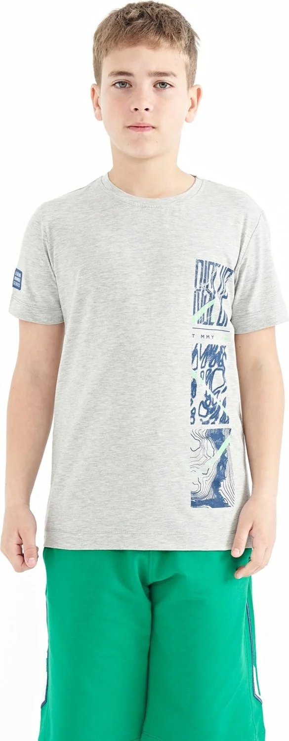 Tommy Life Gray Melange Print Detailed O Neck Standard Pattern Boy T-Shirt - 11104
