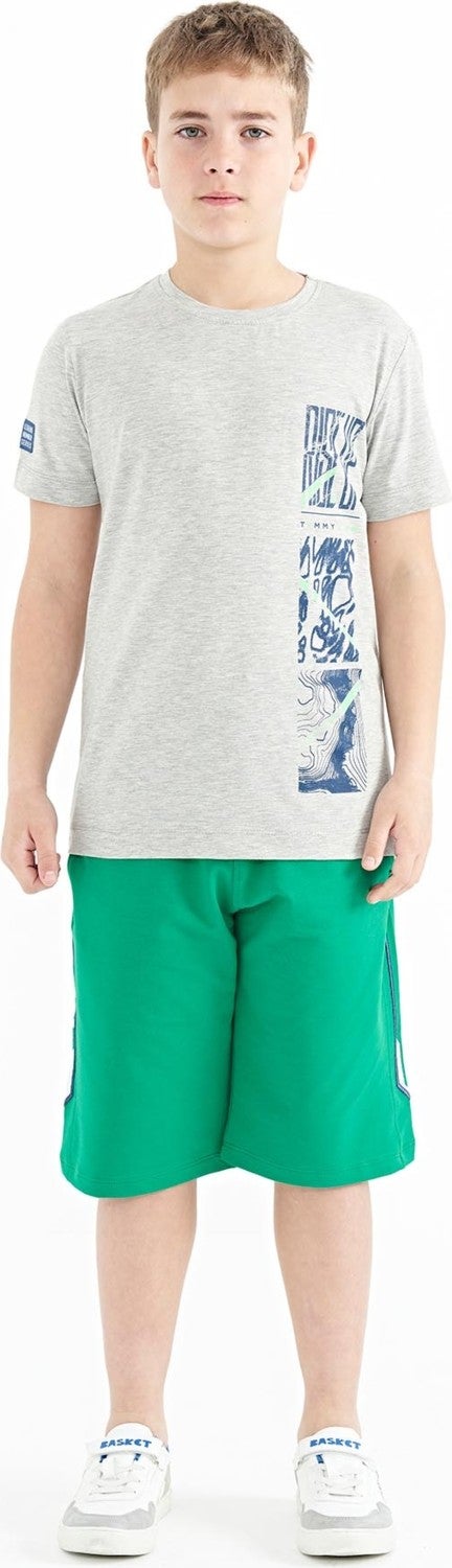 Tommy Life Gray Melange Print Detailed O Neck Standard Pattern Boy T-Shirt - 11104 - Image 3