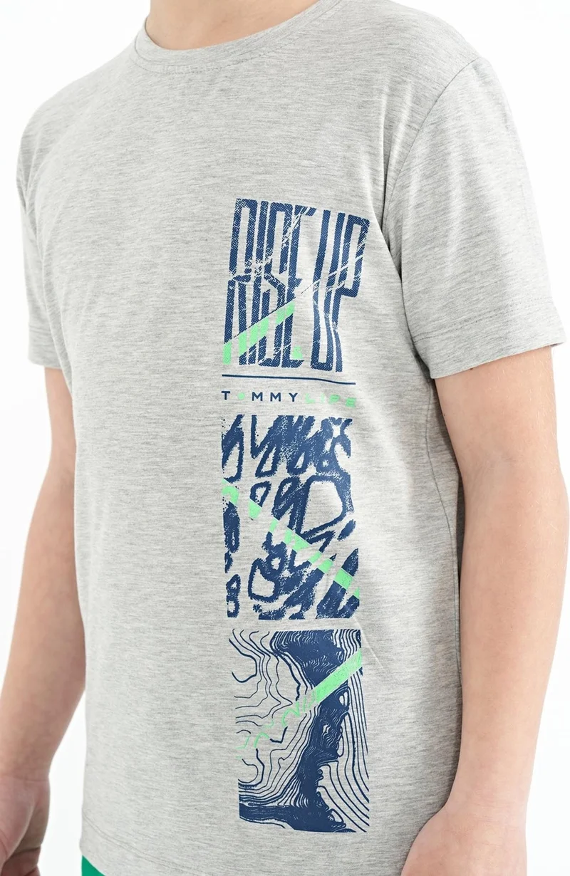 Tommy Life Gray Melange Print Detailed O Neck Standard Pattern Boy T-Shirt - 11104