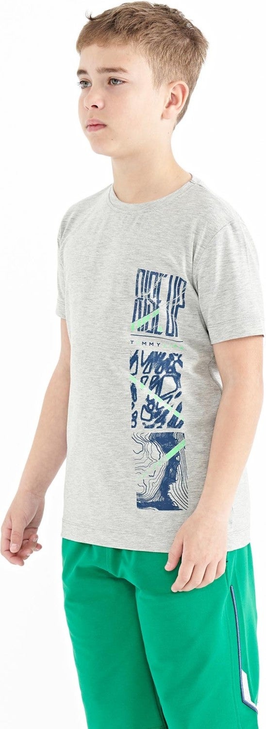 Tommy Life Gray Melange Print Detailed O Neck Standard Pattern Boy T-Shirt - 11104 - Image 5