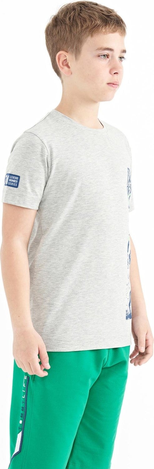 Tommy Life Gray Melange Print Detailed O Neck Standard Pattern Boy T-Shirt - 11104 - Image 4