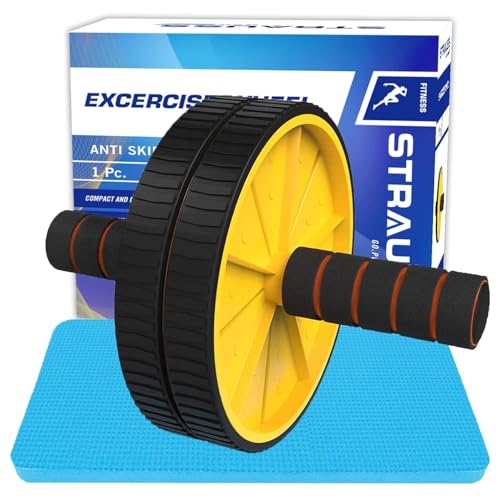 Strauss Double Wheel Ab & Exercise Roller | Anti-Skid Wheel Base, Non-Slip Stainless Steel Handles & Knee Mat| Abdominal Exercise Roller Wheel|Exercise Equipment for Home, Gym workout for Abs, (Yellow) - Image 1