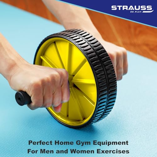 Strauss Double Wheel Ab & Exercise Roller | Anti-Skid Wheel Base, Non-Slip Stainless Steel Handles & Knee Mat| Abdominal Exercise Roller Wheel|Exercise Equipment for Home, Gym workout for Abs, (Yellow) - Image 3