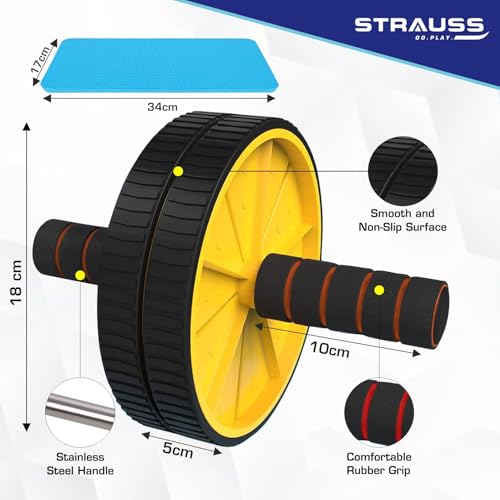 Strauss Double Wheel Ab & Exercise Roller | Anti-Skid Wheel Base, Non-Slip Stainless Steel Handles & Knee Mat| Abdominal Exercise Roller Wheel|Exercise Equipment for Home, Gym workout for Abs, (Yellow) - Image 4
