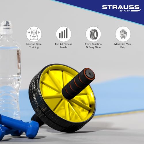 Strauss Double Wheel Ab & Exercise Roller | Anti-Skid Wheel Base, Non-Slip Stainless Steel Handles & Knee Mat| Abdominal Exercise Roller Wheel|Exercise Equipment for Home, Gym workout for Abs, (Yellow) - Image 2