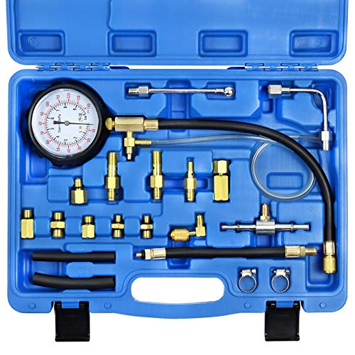 YSTOOL Fuel Pressure Tester Gauge Kit 140PSI Automotive Engine Injector Pump Test Gasoline Gas Injection Manometer Tool Set with Inline Fitting Schrader Adapter for Auto Car Motorcycle Blue Case