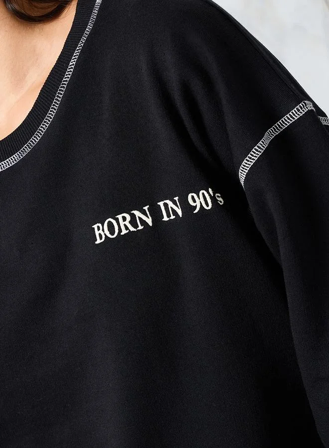 Styli Oversized Embroidered Slogan Sweatshirt with Contrast Stitch