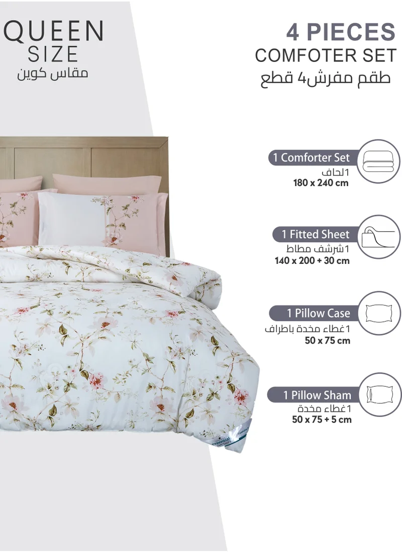 Donetella Printed Comforter Set 4-Pcs Queen Size All Season Bed Fits(140 X 200 Cm)Bedding Set With Removable Filler And Down Alternative Filling, White Rock