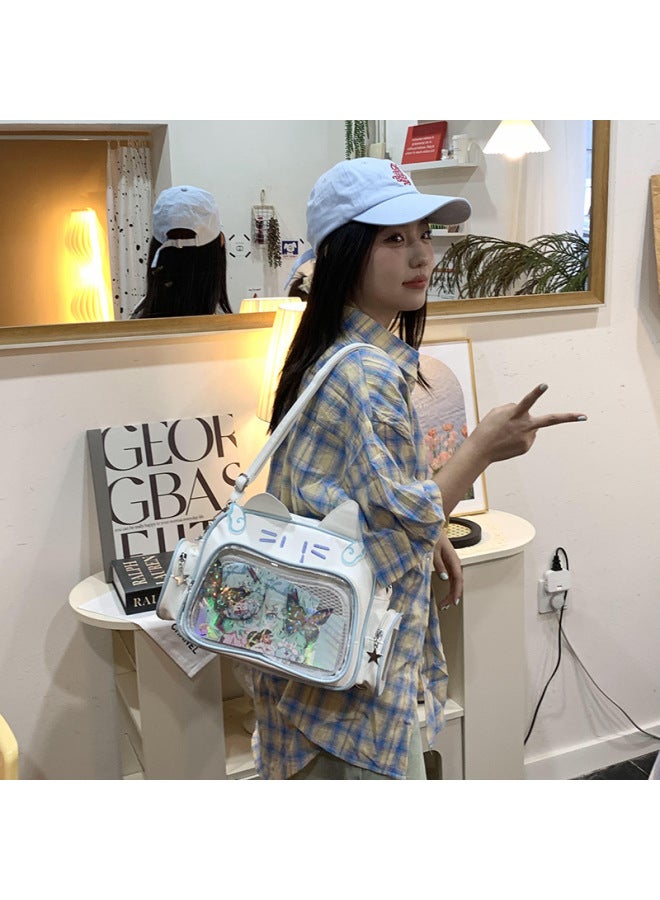 Commuter Backpack Kitten Cartoon Pain Bag Small Bag Women Hand Bag Transparent Large Capacity Shoulder Bag Wholesale-Color:Blue [thick High-quality Fabric] - Image 2