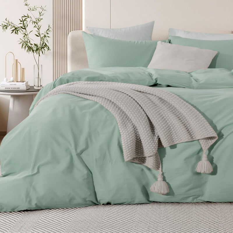 Nexhome Pro Green Cover Cover Set California King Linen تشعر بأنه محكم الطبيعية الطبيعية بنسبة 100 ٪ غطاء لحاف قطني مغسول 3 قطع مع مجموعة من السوستة الناعم (بدون المعزي) - Image 1