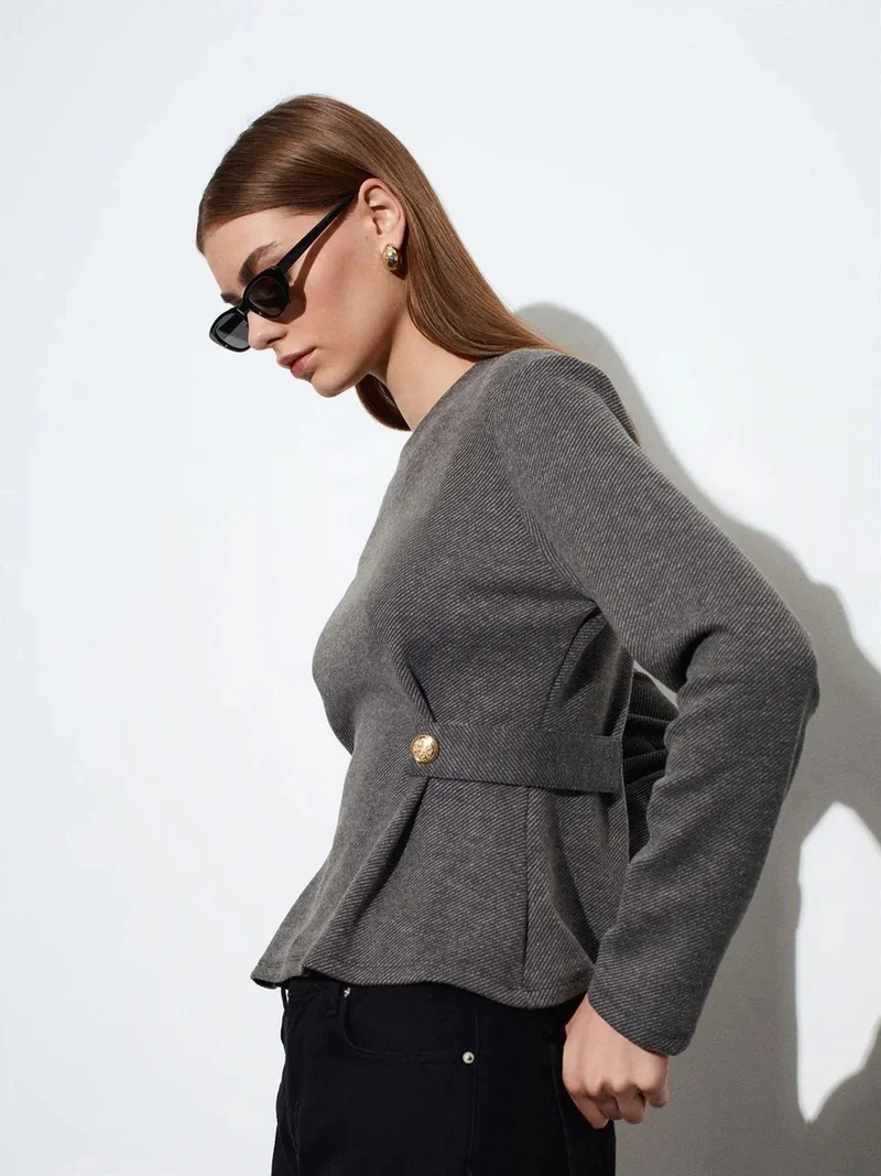 Dilvin DILVIN Fitted Ribbed Crew Neck Blouse