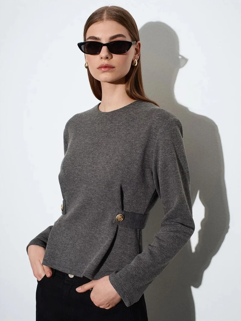 Dilvin DILVIN Fitted Ribbed Crew Neck Blouse