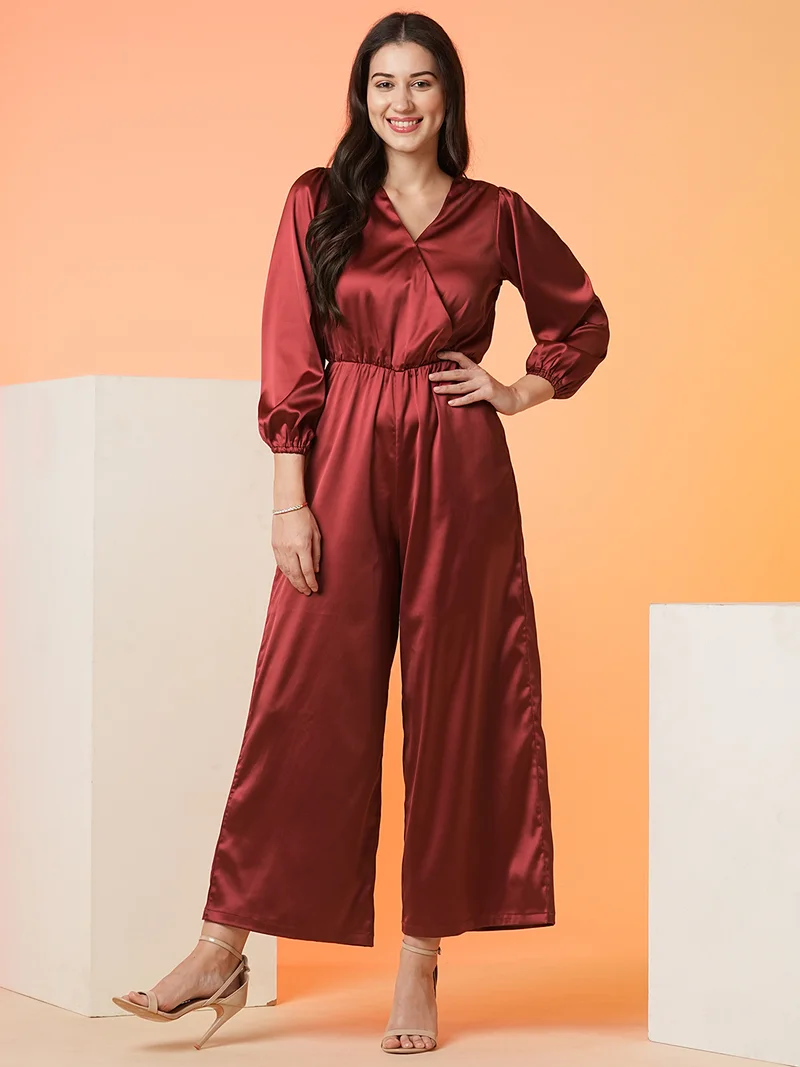 globus Women Maroon V-Neck Basic Jumpsuit