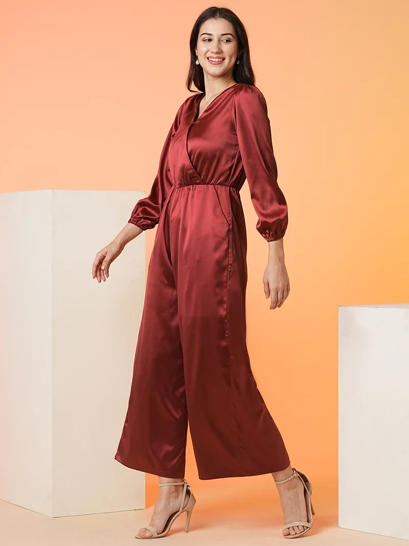 globus Women Maroon V-Neck Basic Jumpsuit