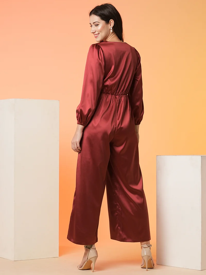 globus Women Maroon V-Neck Basic Jumpsuit