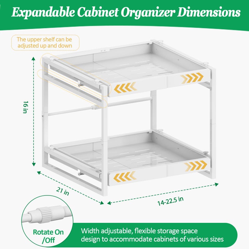 REALINN 2 Tier Pull Out Cabinet Organizer, 21 inch Depth Slide Out Shelves, Expandable 14"-22.5" Wide Heavy-Duty Cabinet Drawers for Kitchen Pots, Pans & Pantry Storage, White - Image 2