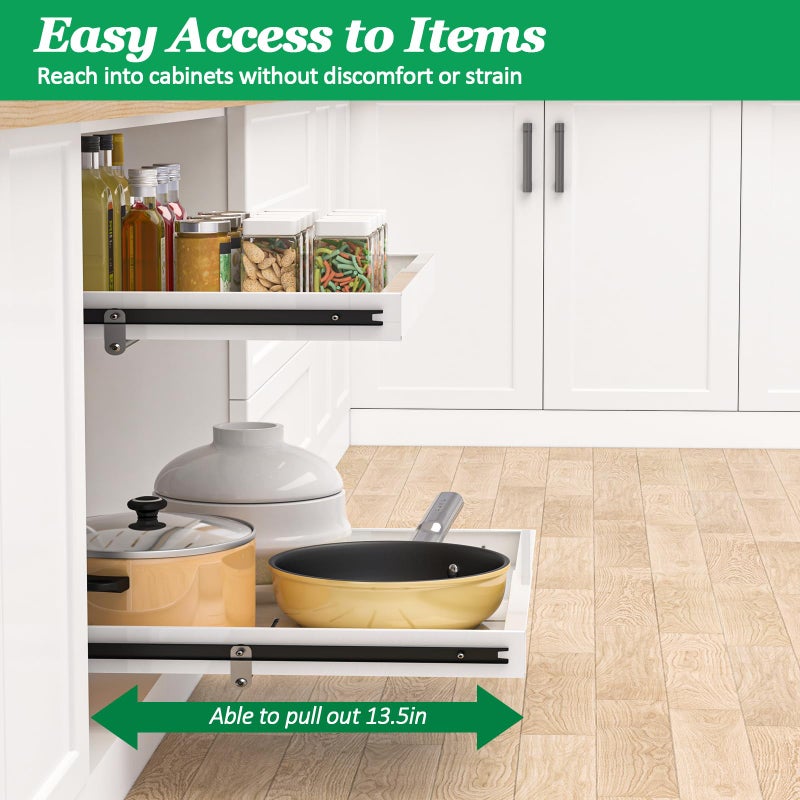 REALINN 2 Tier Pull Out Cabinet Organizer, 21 inch Depth Slide Out Shelves, Expandable 14"-22.5" Wide Heavy-Duty Cabinet Drawers for Kitchen Pots, Pans & Pantry Storage, White - Image 3