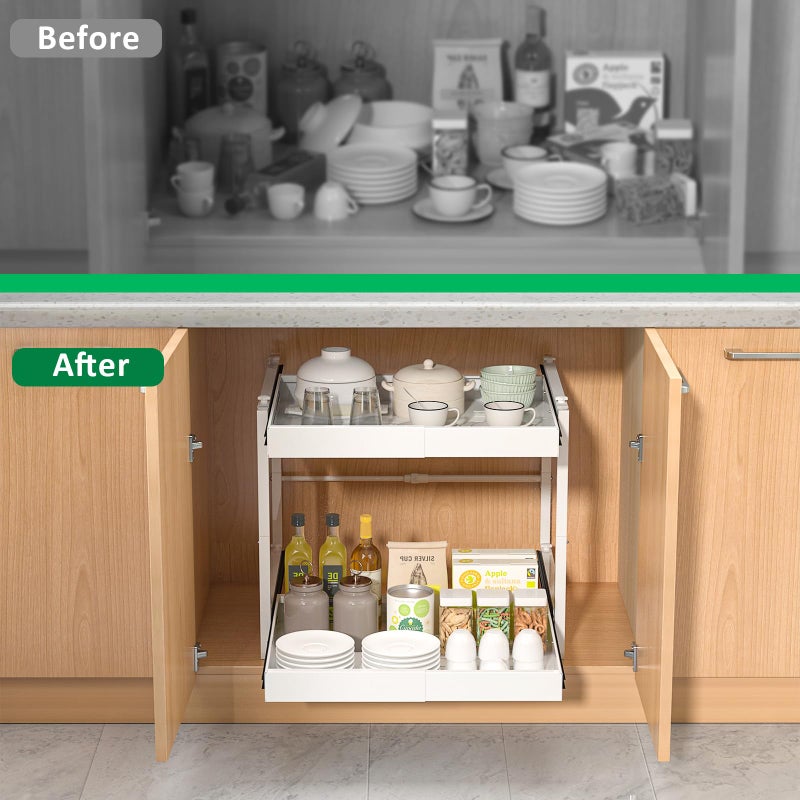 REALINN 2 Tier Pull Out Cabinet Organizer, 21 inch Depth Slide Out Shelves, Expandable 14"-22.5" Wide Heavy-Duty Cabinet Drawers for Kitchen Pots, Pans & Pantry Storage, White - Image 4