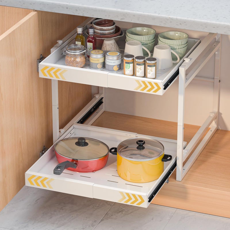 REALINN 2 Tier Pull Out Cabinet Organizer, 21 inch Depth Slide Out Shelves, Expandable 14"-22.5" Wide Heavy-Duty Cabinet Drawers for Kitchen Pots, Pans & Pantry Storage, White - Image 1