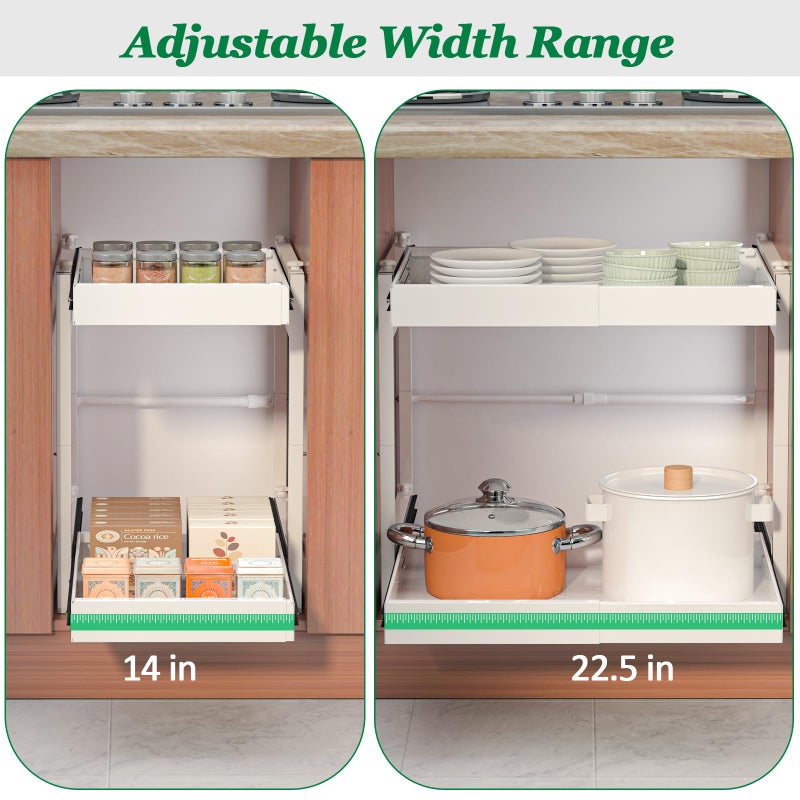 REALINN 2 Tier Pull Out Cabinet Organizer, 21 inch Depth Slide Out Shelves, Expandable 14"-22.5" Wide Heavy-Duty Cabinet Drawers for Kitchen Pots, Pans & Pantry Storage, White - Image 5