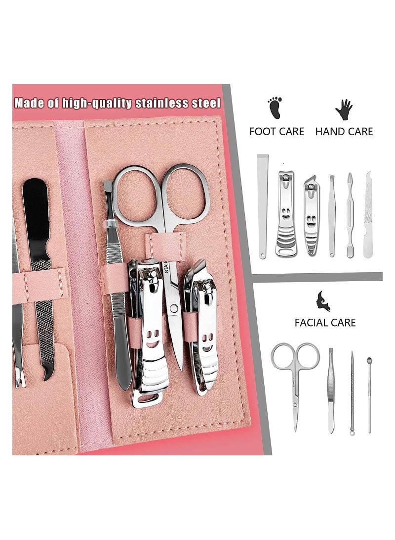 SOLARAE Stainless Steel Manicure Set, Nail Clippers Portable Professional Pedicure Kit, Nail Care Tools Grooming Kit with Luxurious Travel Leather for Travel & Home, 10pcs (Pink) - Image 2