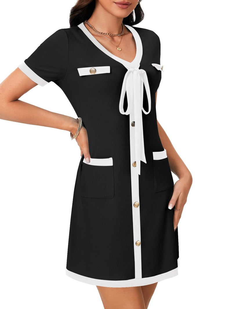 Rooscier Women's Short Sleeve Color Block Mini Dress Trendy Button Bow Elegant Work Casual Party Dresses Black Small - Image 4