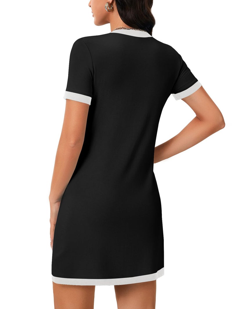 Rooscier Women's Short Sleeve Color Block Mini Dress Trendy Button Bow Elegant Work Casual Party Dresses Black Small - Image 5