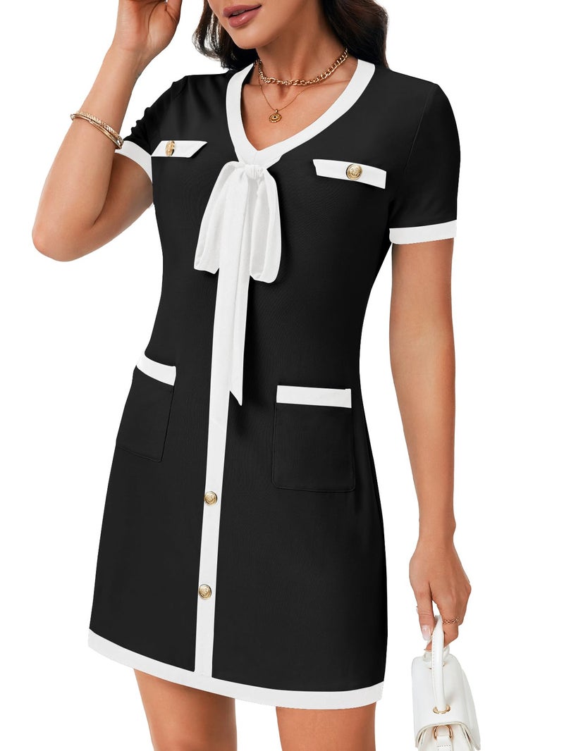 Rooscier Women's Short Sleeve Color Block Mini Dress Trendy Button Bow Elegant Work Casual Party Dresses Black Small - Image 1