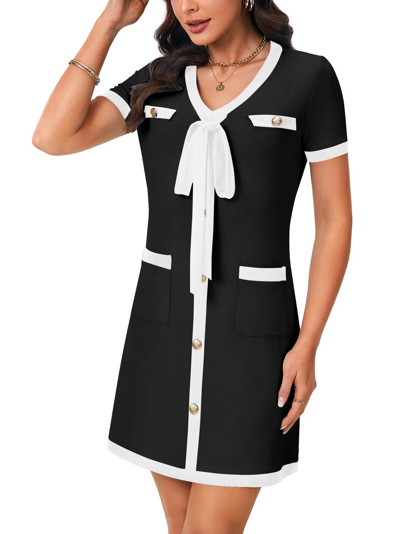 Rooscier Women's Short Sleeve Color Block Mini Dress Trendy Button Bow Elegant Work Casual Party Dresses Black Small - Image 3