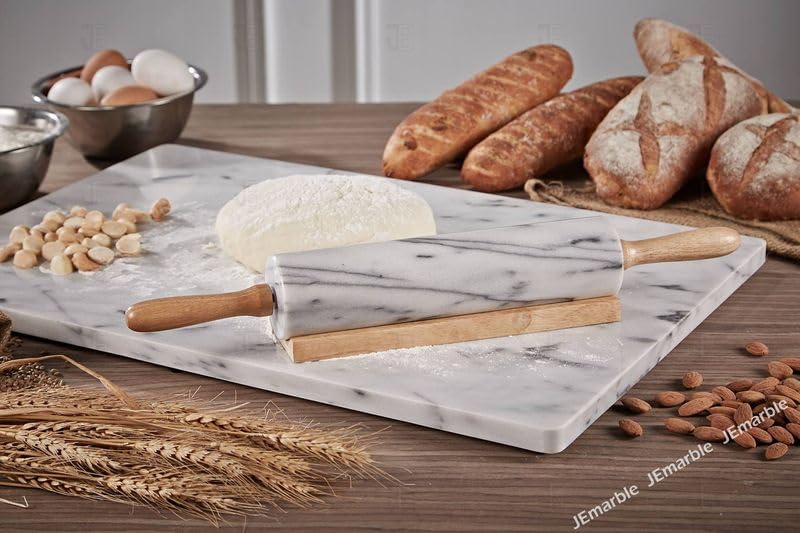 Jemarble Rolling Pin-Wooden Handles(White)(Premium Quality) Polished Surface 18-Inch(10""Barrel) Genuine Stone Non-Stick Save Effort Easy To Clean - Image 2