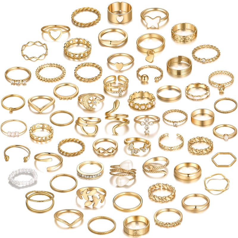 YEEZII 68 Pcs Gold Knuckle Rings Set for Women, Stackable Boho Joint Finger Midi Rings Silver Hollow Carved Crystal Stacking Ring Pack (gold-59 pcs) - Image 1