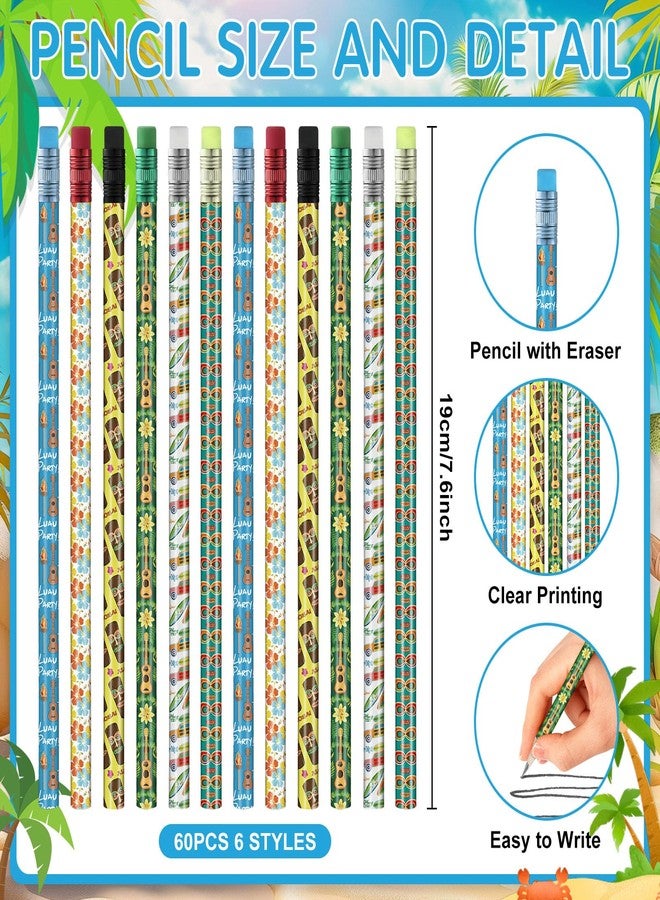 Tenceur 60 Pcs Colorful Pencils with Top Erasers Hawaiian Themed Wooden Pencil with Printed Patterns for Teachers Classroom Reward Birthday Carnivals Gifts Supplies (Luau Style) - Image 2