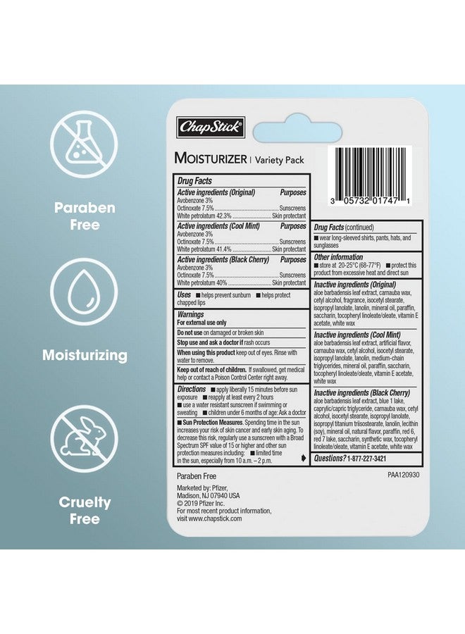 تشابستيك مرطب شفاه تشابستيك 2 في 1 للعناية بالشفاه بعامل حماية من الشمس 15، أصلي، بنكهة الكرز الأسود والنعناع المنعش، عبوة من 3 قطع - مرطب شفاه واقي من الشمس مع الصبار وفيتامين هـ، 0.15 مل - Image 2