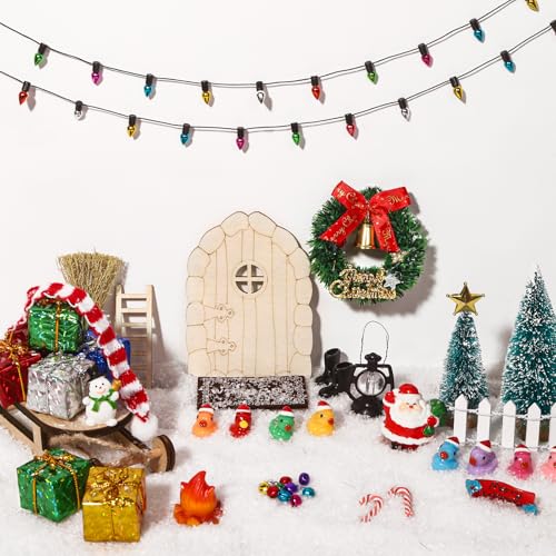 Celltestria 58Pcs Mini Christmas Door Decorations Sets Miniature Statues Wooden Door Tree Gift Boxes Wreath Santa Claus Snowman Accessories for Christmas Holiday Fairy Garden Decor - Image 5