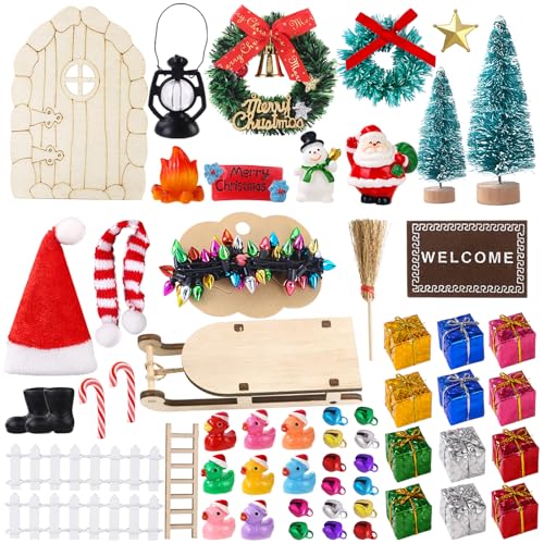 Celltestria 58Pcs Mini Christmas Door Decorations Sets Miniature Statues Wooden Door Tree Gift Boxes Wreath Santa Claus Snowman Accessories for Christmas Holiday Fairy Garden Decor - Image 1