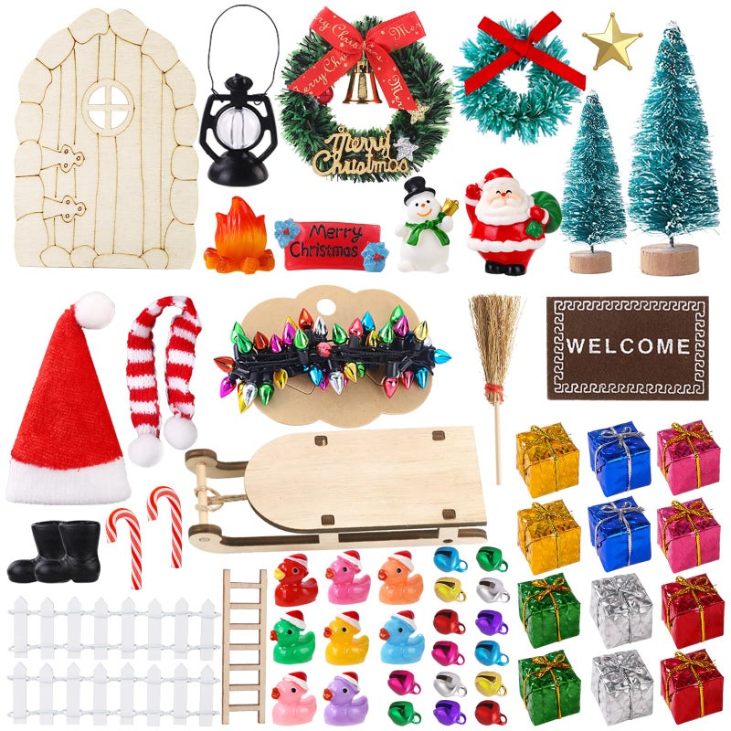 Celltestria 58Pcs Mini Christmas Door Decorations Sets Miniature Statues Wooden Door Tree Gift Boxes Wreath Santa Claus Snowman Accessories for Christmas Holiday Fairy Garden Decor - Image 3