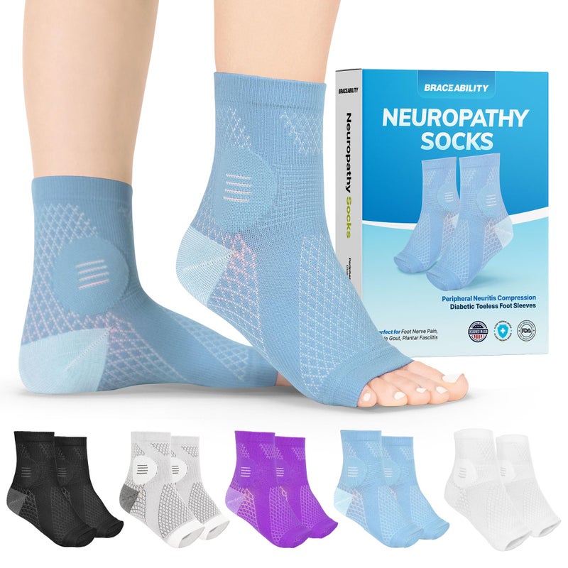 BraceAbility Neuropathy Socks Pair Peripheral Neuritis Compression Diabetic Toeless Foot Sleeves for Nerve Damage Pain in Feet Ankle Gout Plantar Fasciitis Relief Brace for Men and Women M Light Blue