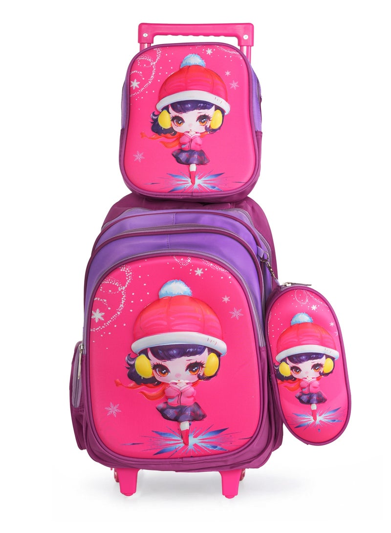 KTMC 3D Cartoon Dancing Girl Triple Set Pen Bag, Lunch Bag, School Trolley Bag for Baby Girls- Dark Purple & Light Purple 9907