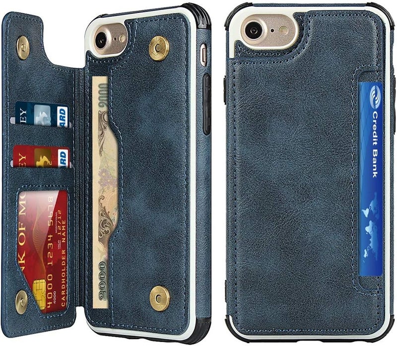 iCoverCase for iPhone 6/6s/7/8/SE 2020/SE 2022 Case, Wallet Card Holder Case Card Slots Wrist Strap PU Leather Flip Shockproof Cover for iPhone 6/6s/7/8/SE 2020/SE 2022 - Blue - Image 1