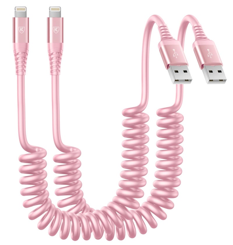 KIYODA iPhone Charger Cable for Car 3FT, 2Pack Coiled Coiled Lightning Cable [Apple MFi Certified] iPhone Cable Compatible with iPhone14/13/12/11 Pro Max/XS MAX/XR/XS/X/8/7/Plus-Pink - Image 1