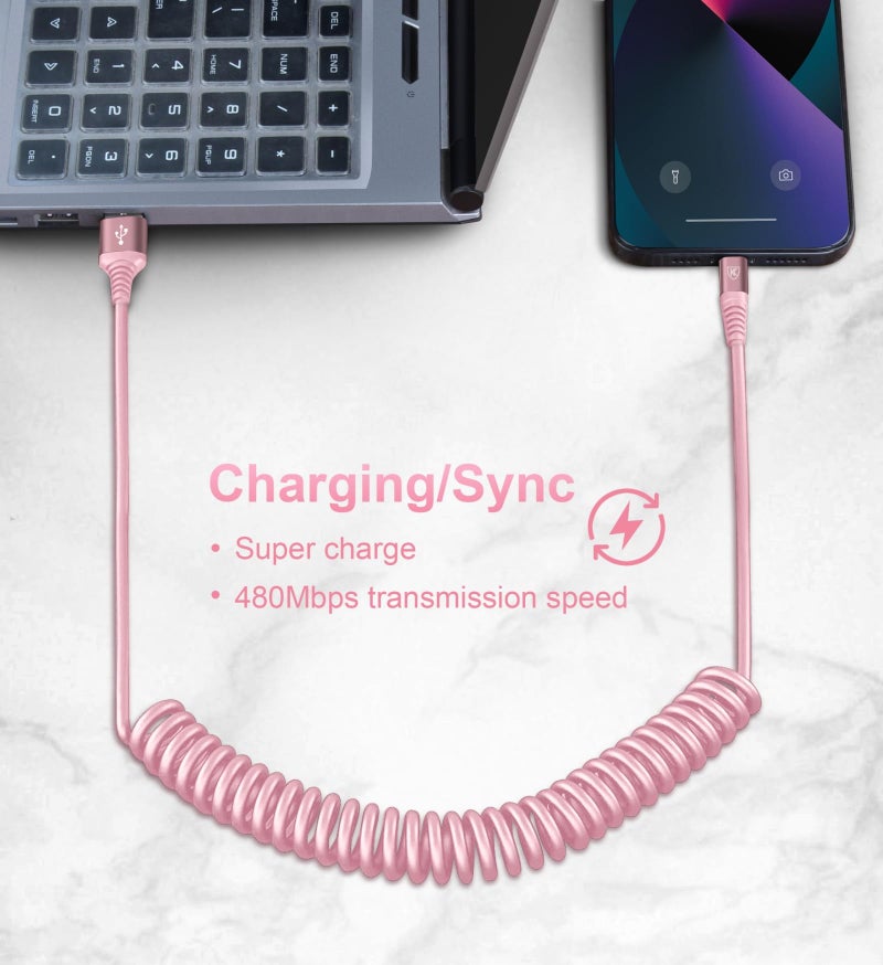 KIYODA iPhone Charger Cable for Car 3FT, 2Pack Coiled Coiled Lightning Cable [Apple MFi Certified] iPhone Cable Compatible with iPhone14/13/12/11 Pro Max/XS MAX/XR/XS/X/8/7/Plus-Pink - Image 4