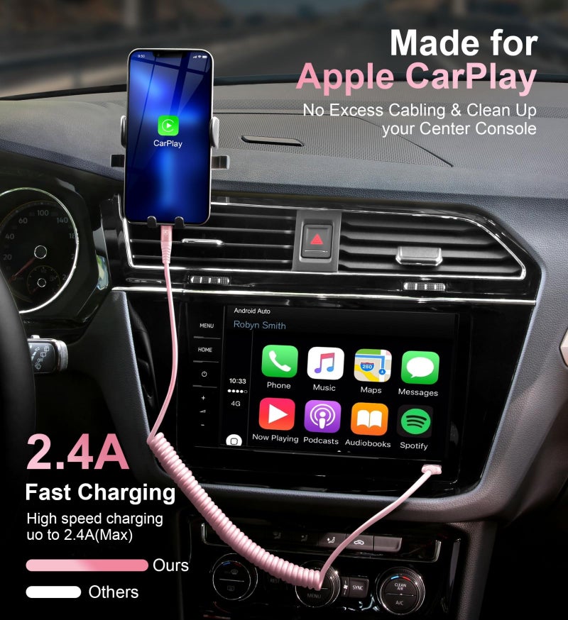 KIYODA iPhone Charger Cable for Car 3FT, 2Pack Coiled Coiled Lightning Cable [Apple MFi Certified] iPhone Cable Compatible with iPhone14/13/12/11 Pro Max/XS MAX/XR/XS/X/8/7/Plus-Pink - Image 2