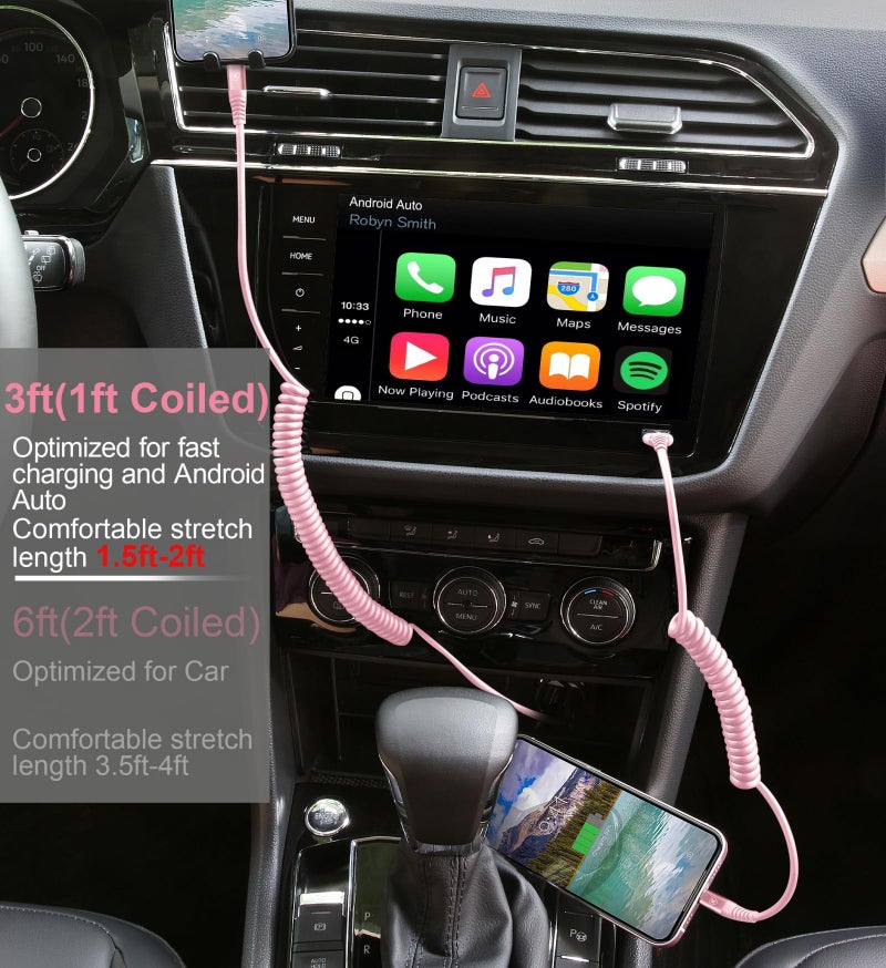 KIYODA iPhone Charger Cable for Car 3FT, 2Pack Coiled Coiled Lightning Cable [Apple MFi Certified] iPhone Cable Compatible with iPhone14/13/12/11 Pro Max/XS MAX/XR/XS/X/8/7/Plus-Pink - Image 3