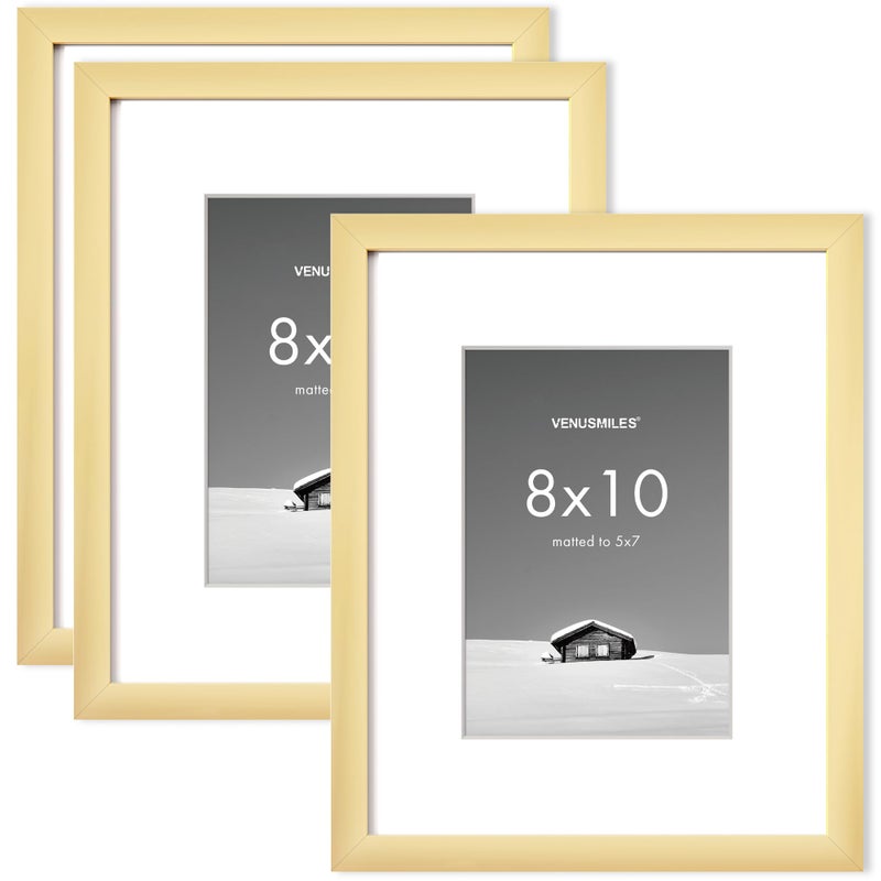 Venusmiles 8x10 inch Picture Frame  8x10 Photo Frames with 5x7 Removable Mat - High Definition Plexiglass - Vertical and Horizontal Display - Wall Hanging Frame - Gold  3 Pack - Image 1