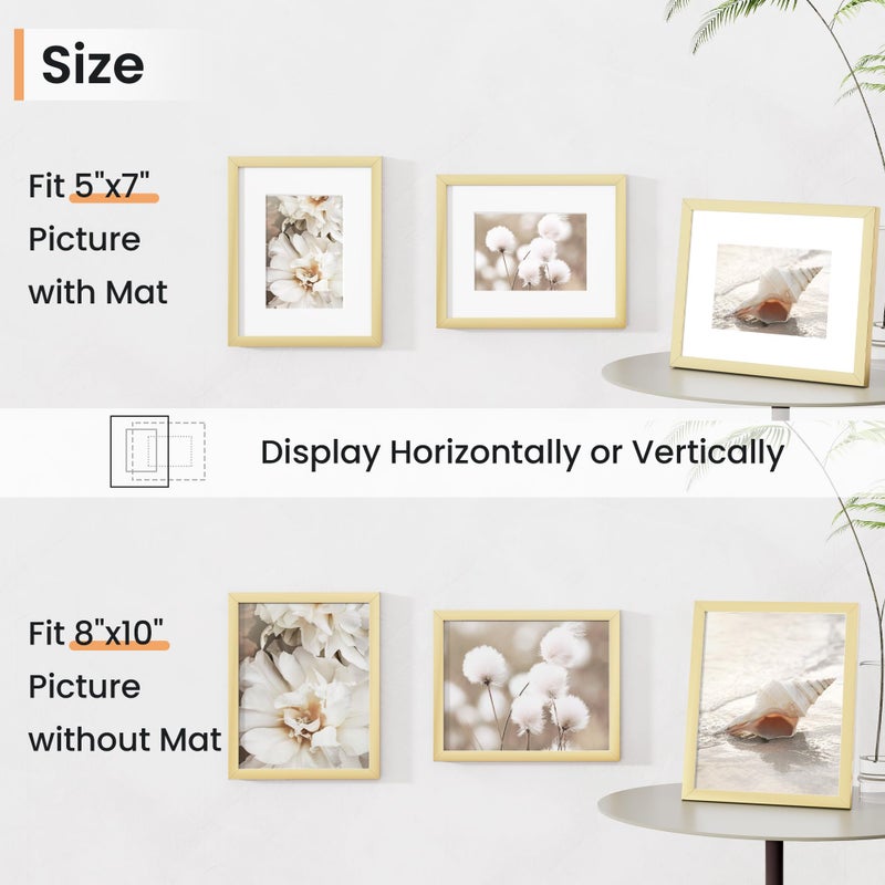 Venusmiles 8x10 inch Picture Frame  8x10 Photo Frames with 5x7 Removable Mat - High Definition Plexiglass - Vertical and Horizontal Display - Wall Hanging Frame - Gold  3 Pack - Image 3