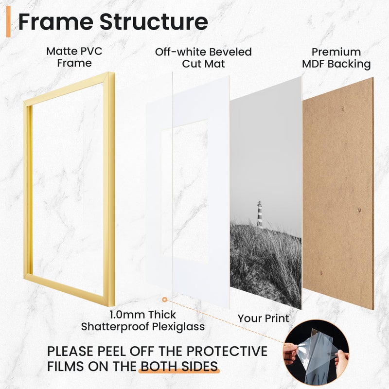 Venusmiles 8x10 inch Picture Frame  8x10 Photo Frames with 5x7 Removable Mat - High Definition Plexiglass - Vertical and Horizontal Display - Wall Hanging Frame - Gold  3 Pack - Image 4