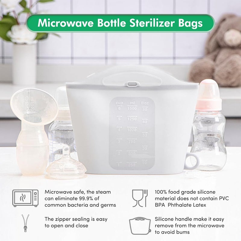 2 grey 1.5L silicone microwave steam sterilization fresh-keeping bags, reusable, suitable for milk bottles and accessories, and can be used for home travel - Image 3