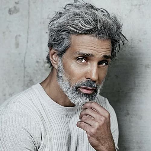 MIMAN Mens Short Grey Wigs for Men Short Straight Layered Natural Synthetic Men's Wig Realistic Hair Replacement Wig Handsome Male Party Cosplay Halloween Costumes Wigs with Toupee Cap - Image 1
