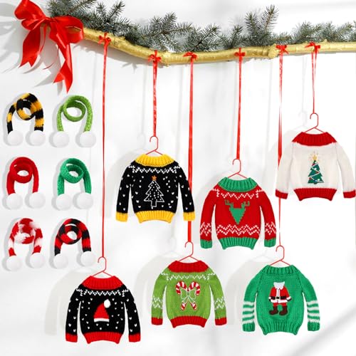 Meanplan 12 Pcs Christmas Doll Clothes Accessories Set Sweater Christmas Doll Scarf Elk Snowflake Xmas Tree Print Small Sweater Knitted Clothing OutfitSanta - Image 1